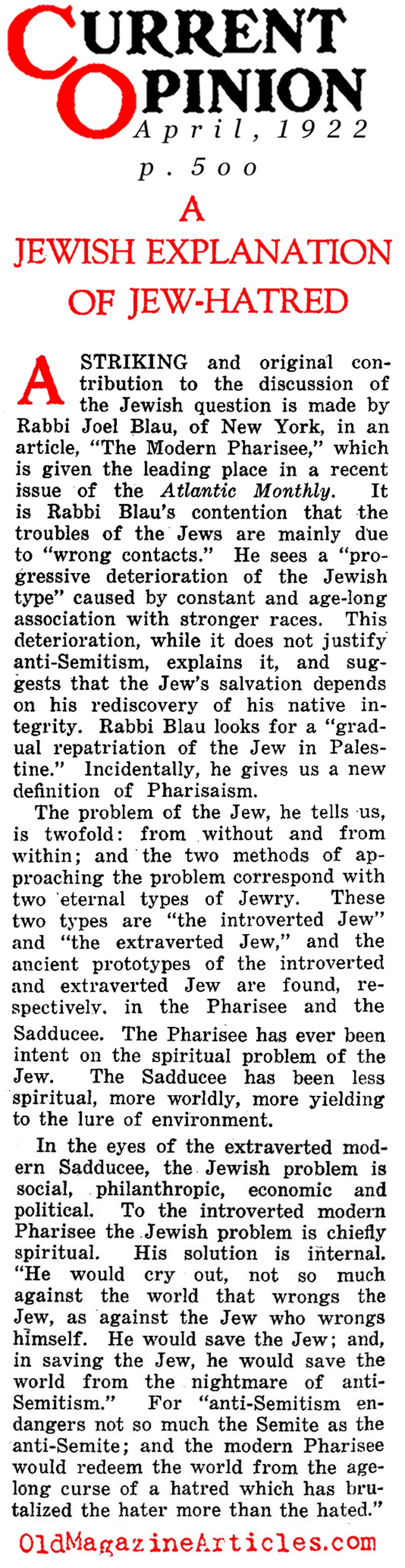 A Zionist Explanation of Jew-Hatred (Current Opinion, 1922)